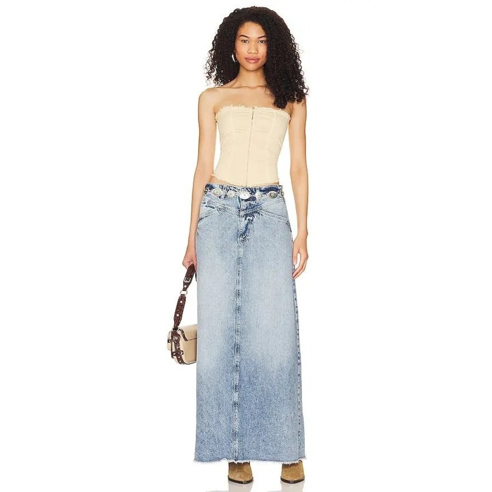 We The Free People Denim Maxi Skirt Light Wash Blue Yoke Raw Hem Size 2